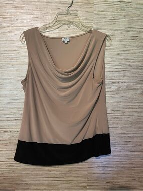 Mix by Tahari  Sleeveless Draped Neck Tank in Taupe with Black Hem